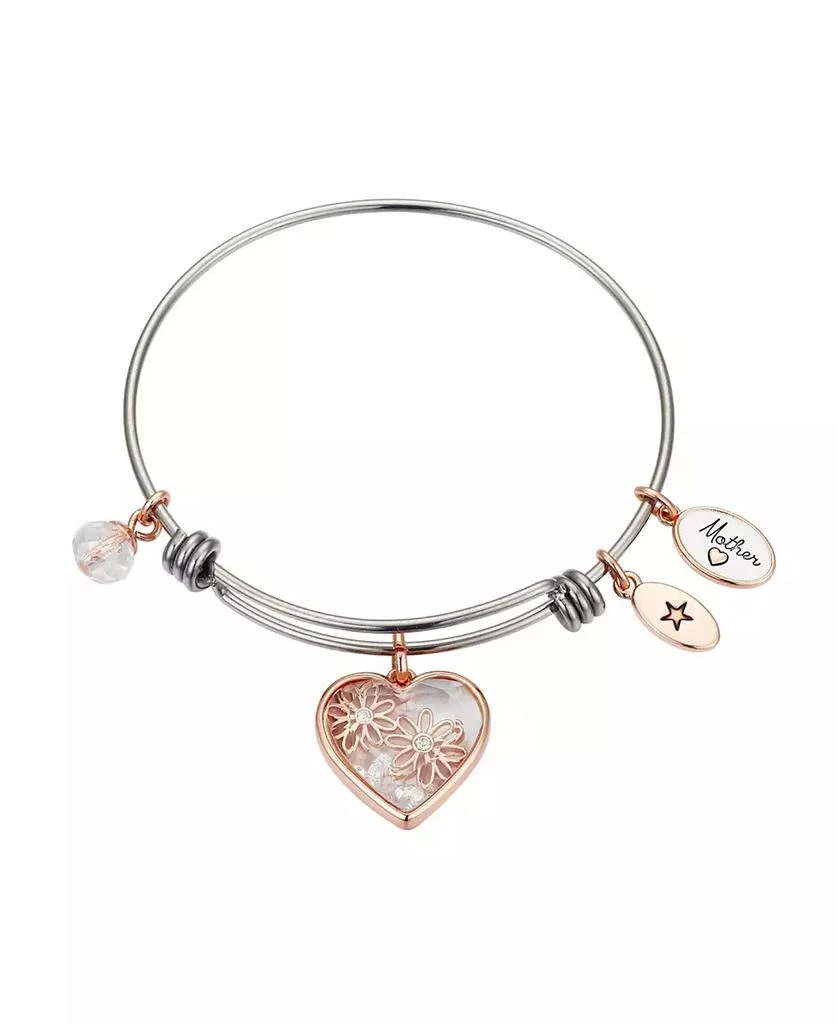 商品Unwritten|Rose Gold Two-Tone Stainless Steel Crystal "Mother" Heart and Flower Bangle Bracelet,价格¥420,第1张图片