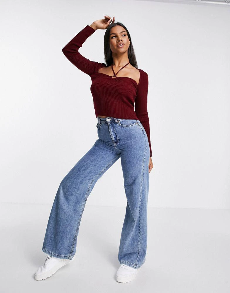 商品ASOS|ASOS DESIGN halter neck jumper with ring detail in dark red,价格¥123,第1张图片