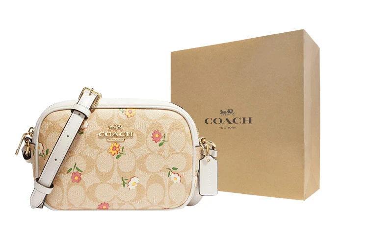 商品[国内直发] Coach|蔻驰 Jamie 19 经典老花拉链开合花卉印花 涂层帆布拼皮革 相机包单肩斜挎包 迷你 女款 浅卡其色,价格¥1454,第5张图片详细描述