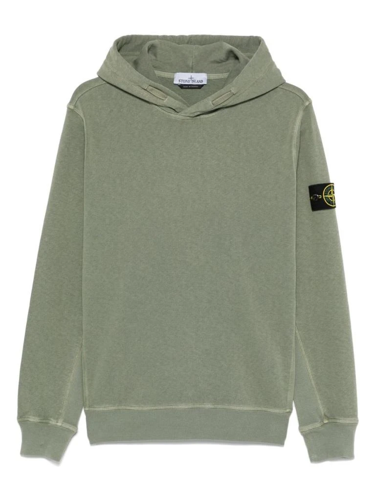 商品Stone Island|Moss Green Hooded Sweater With Ribbed Cuffs And Logo Patch,价格¥1772,第1张图片