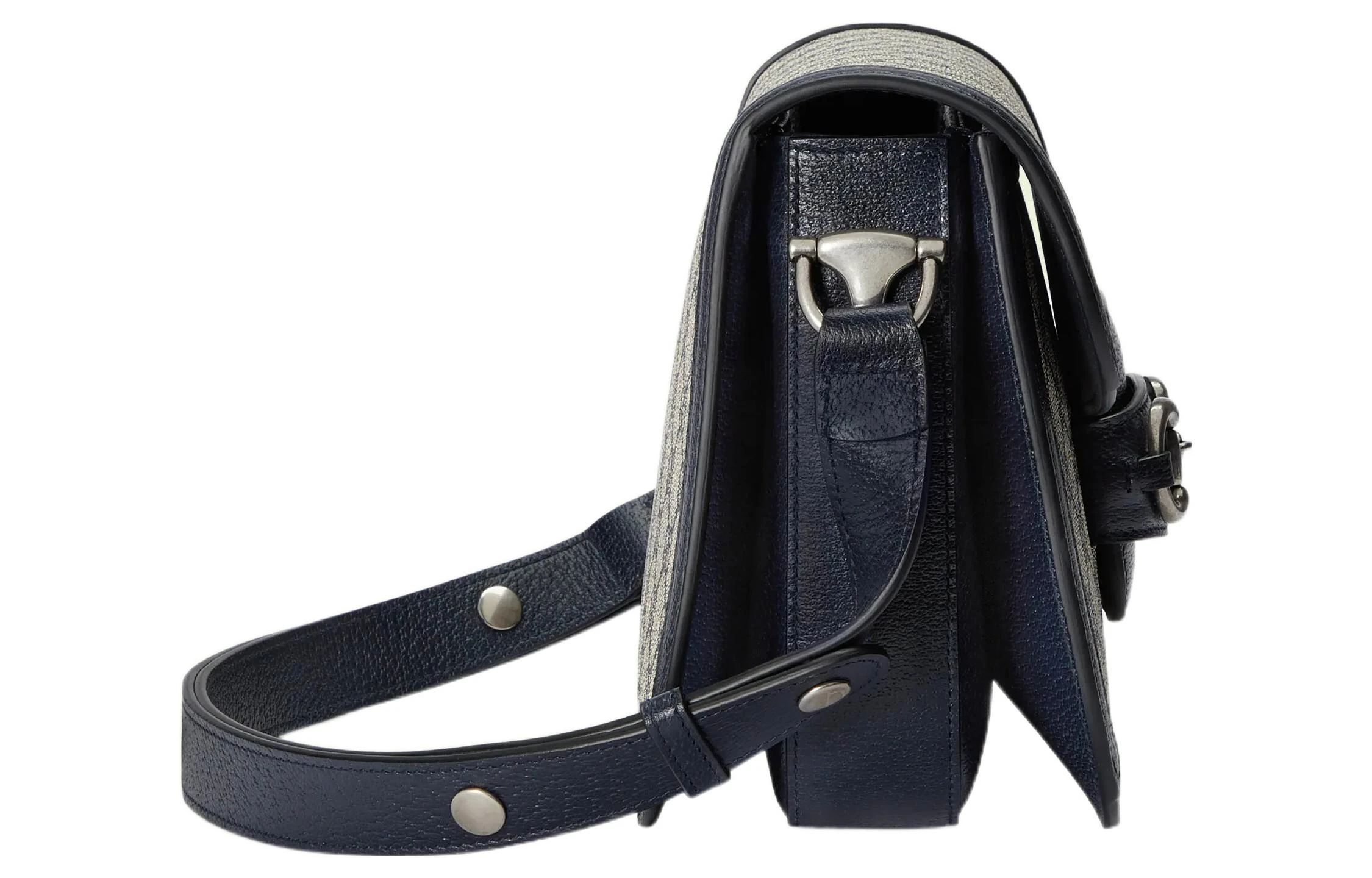 商品[国内直发] Gucci|古驰 Horsebit 1955 复古银扣马衔扣老花Logo 帆布拼皮革饰边 手提单肩斜挎包 小号 男女同款 蓝色/米色,价格¥12716,第4张图片详细描述
