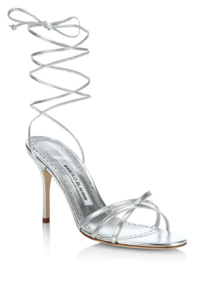 商品Manolo Blahnik|Leva 90 Metallic Leather Ankle-Wrap Sandals,价格¥2852,第1张图片