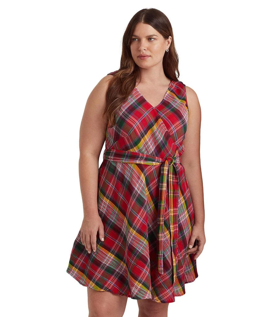 商品Ralph Lauren|Plus Size Plaid Crinkle Cotton Sleeveless Dress,价格¥378,第3张图片详细描述