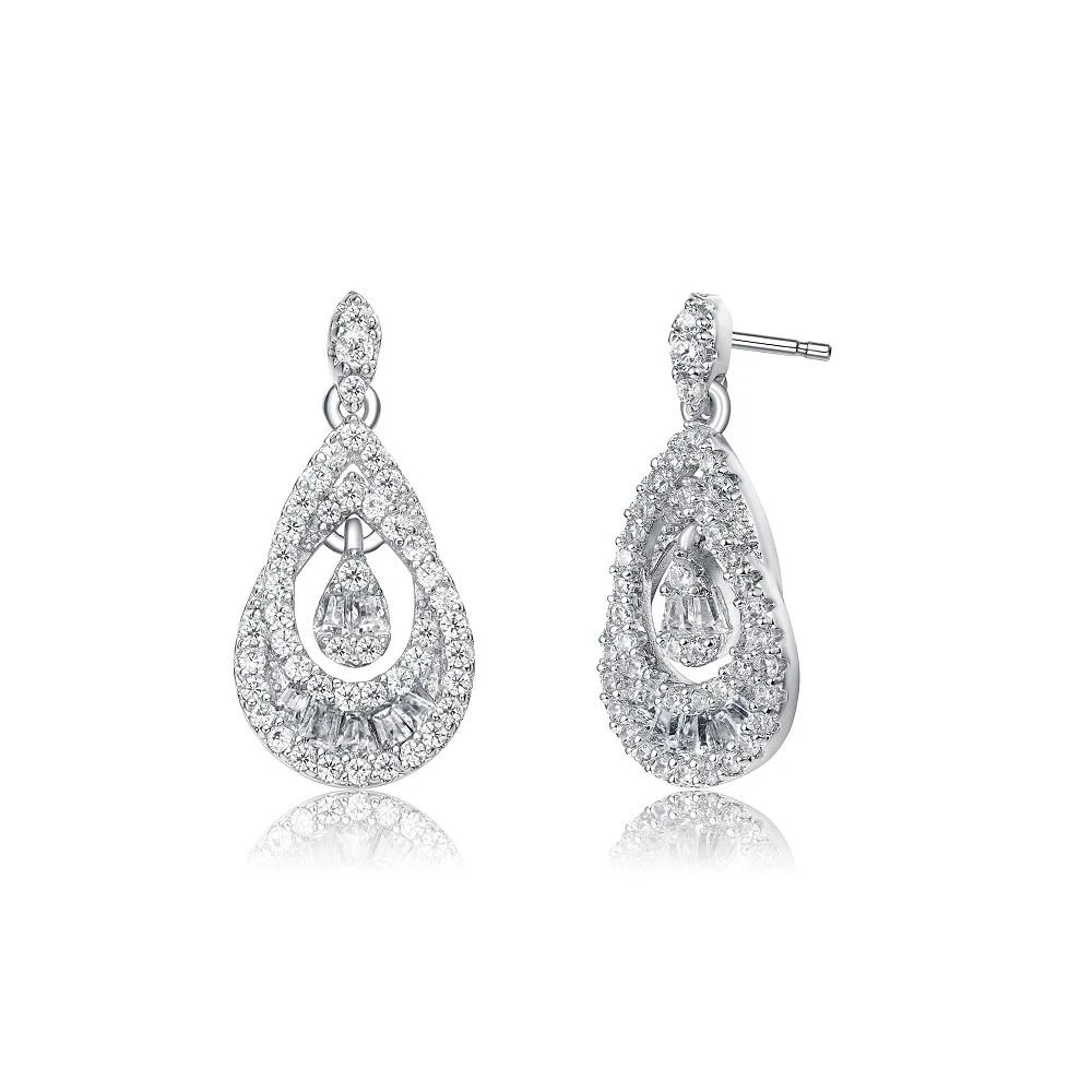 商品Genevive|Sterling Silver White Gold Plated  Clear Round Cubic Zirconia Double Pear Drop Earrings,价格¥590,第1张图片