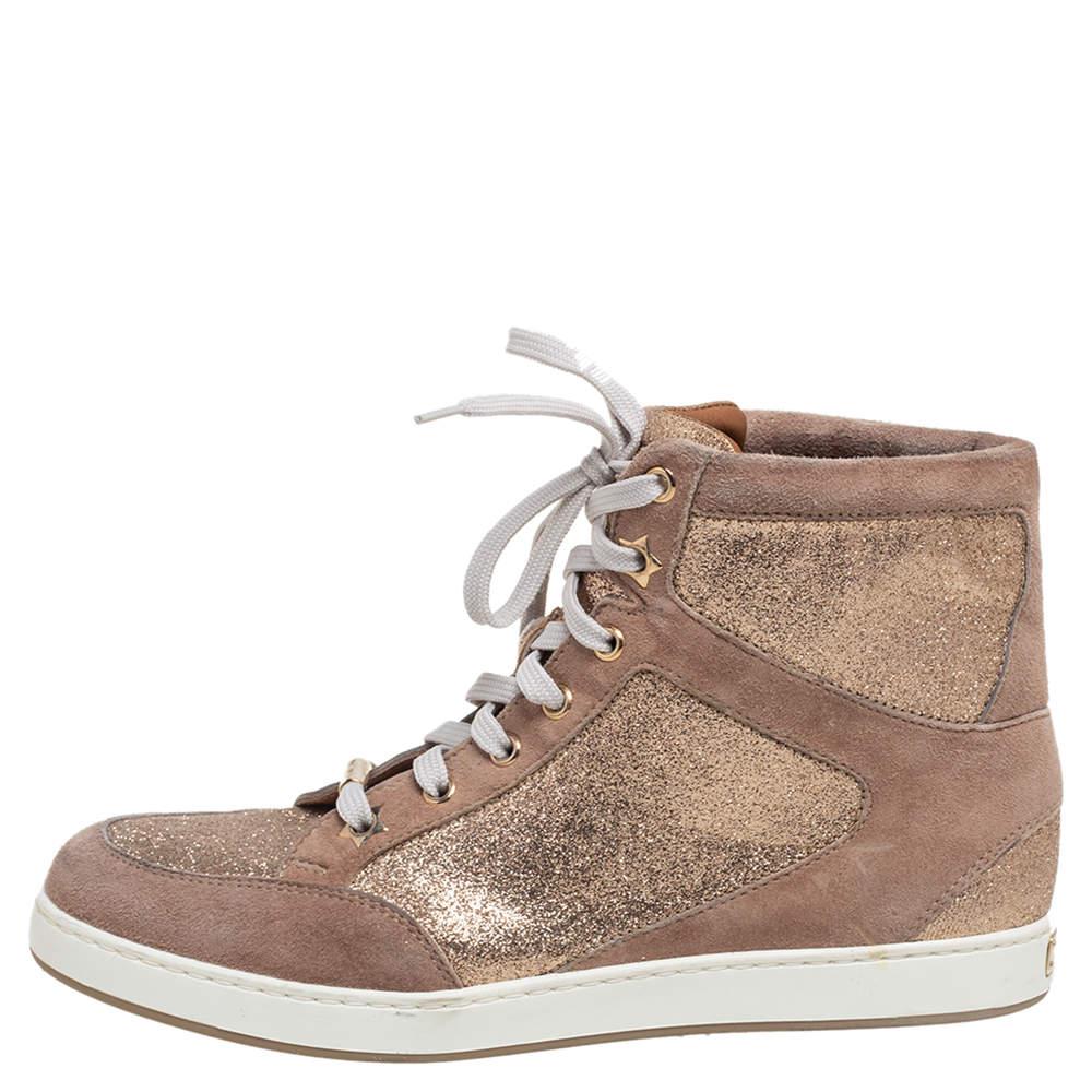 Jimmy Choo Rose Gold Suede And Glitter Tokyo High Top Sneakers Size 36.5商品第2张图片规格展示