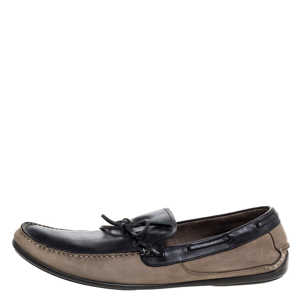 Salvatore Ferragamo Brown/Grey Nubuck Leather Bow Slip On Loafers Size 46商品第2张图片规格展示