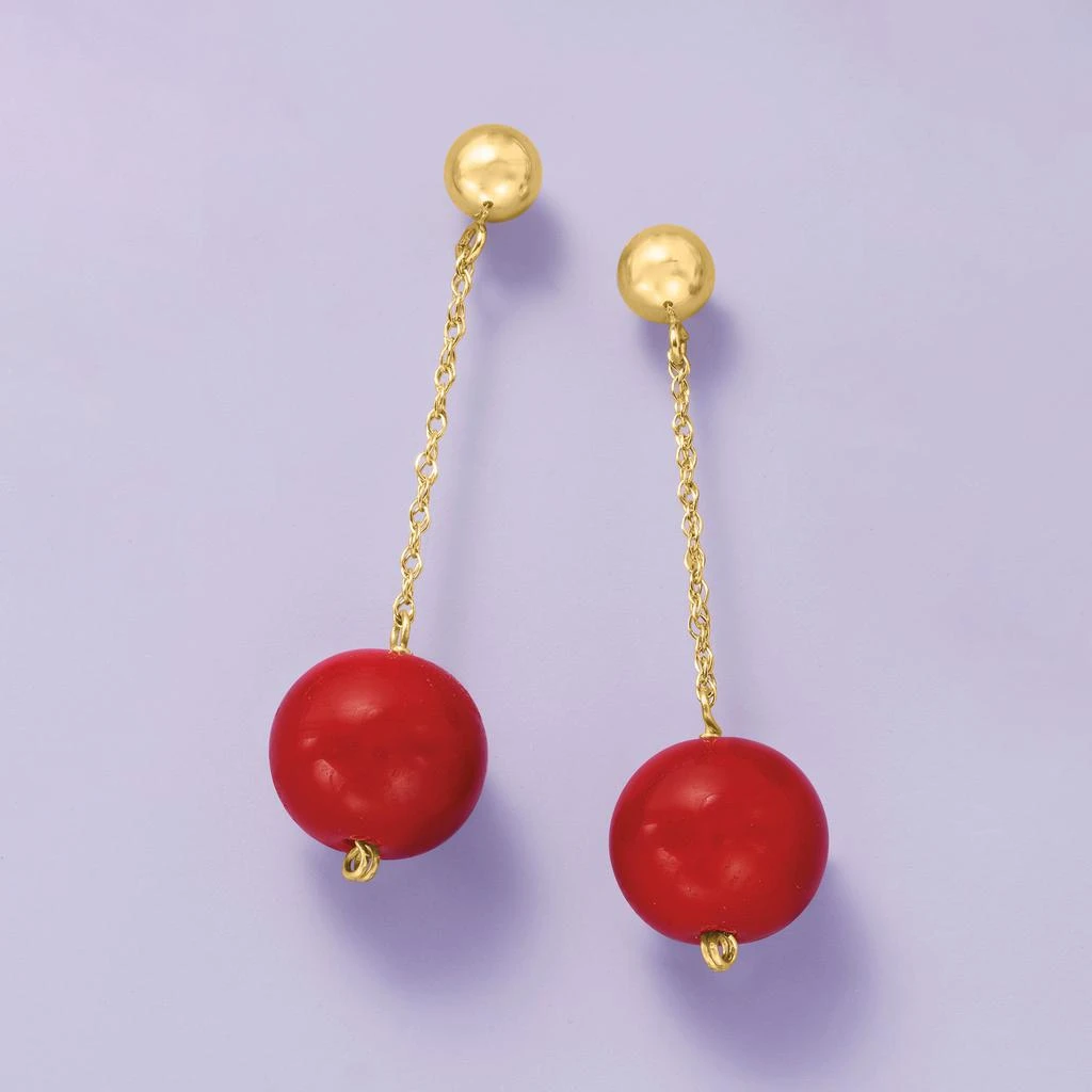 商品Ross-Simons|Ross-Simons 10.5-11mm Red Coral Bead Drop Earrings in 14kt Yellow Gold,价格¥738,第3张图片详细描述
