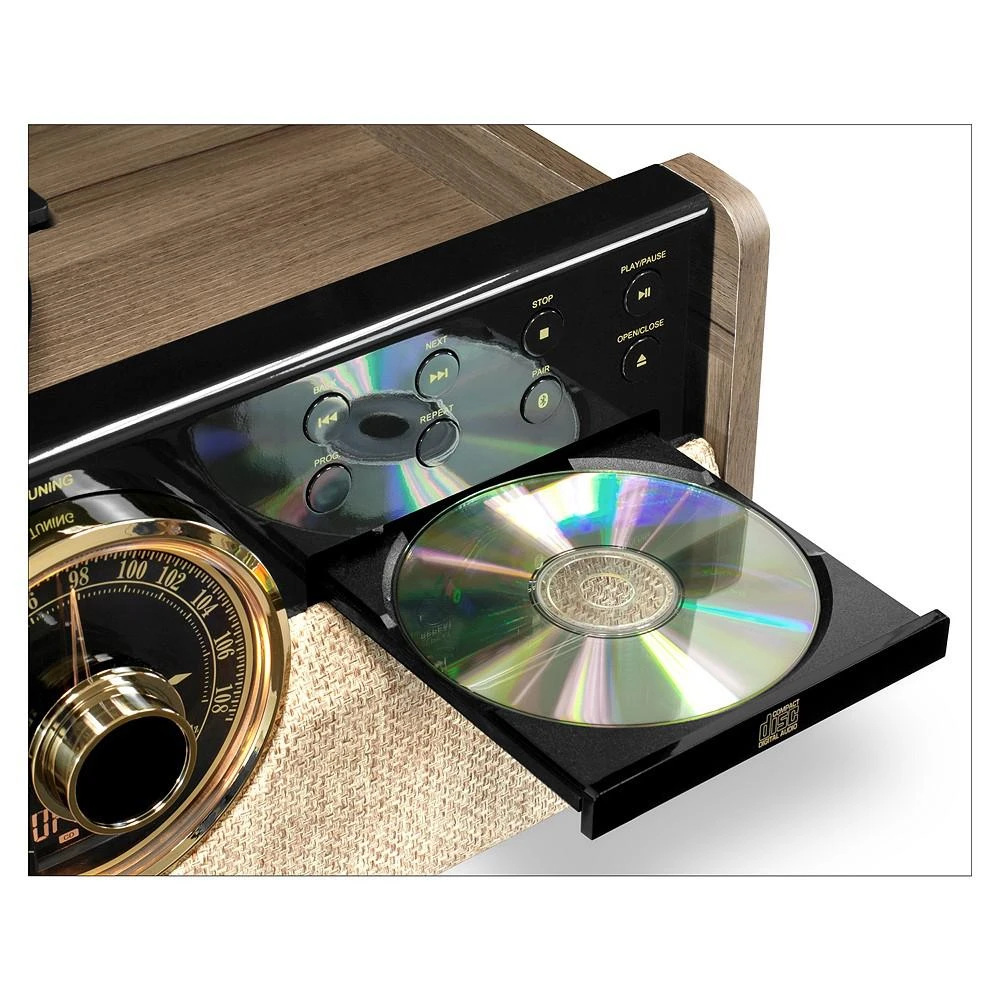 商品Victrola|6-in-1 Wood Empire Mid Century Modern Bluetooth Record Player with 3-Speed Turntable, CD, Cassette Player and Radio,价格¥1351,第2张图片详细描述