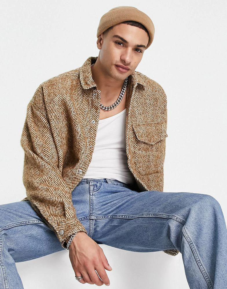 商品ASOS|ASOS DESIGN extreme oversized wool mix shirt in brown herringbone,价格¥226,第4张图片详细描述