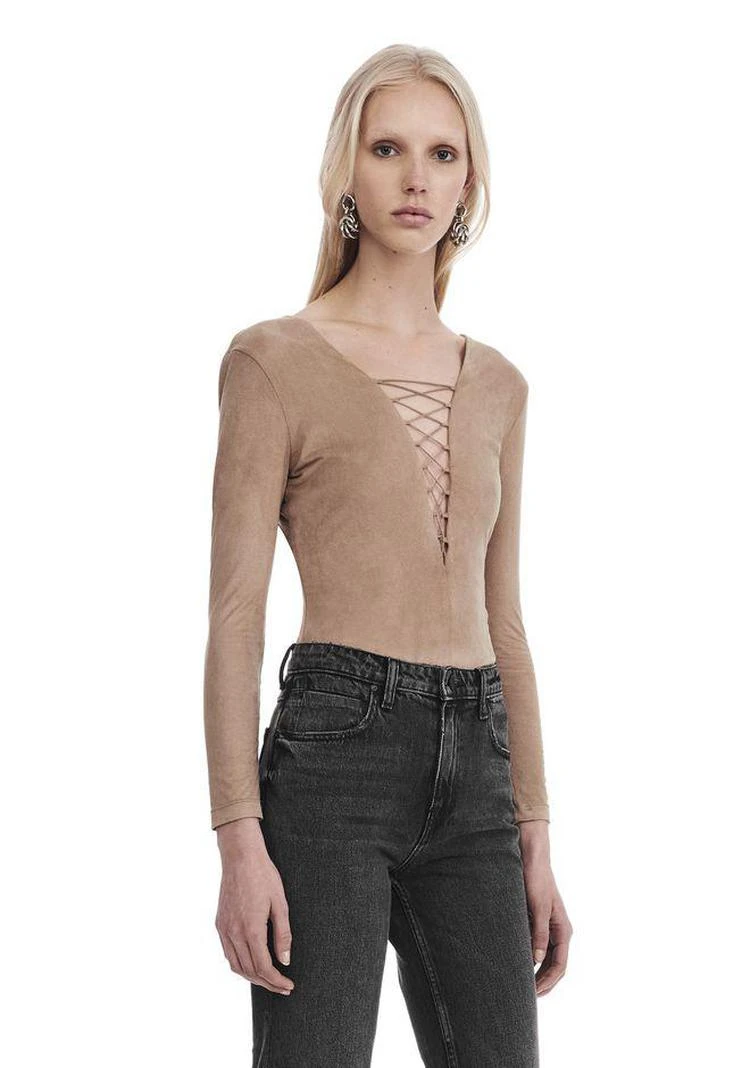商品Alexander Wang|STRETCH FAUX SUEDE LONG SLEEVE LACE-UP BODYSUIT,价格¥1462,第5张图片详细描述