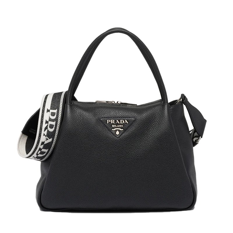 商品Prada|PRADA/普拉达 22春夏新款 女士黑色皮革饰有三角徽标配织物肩带拉链开合单肩斜跨手提包1BC170_2DKV_F0002_V_3OO,价格¥26494,第1张图片