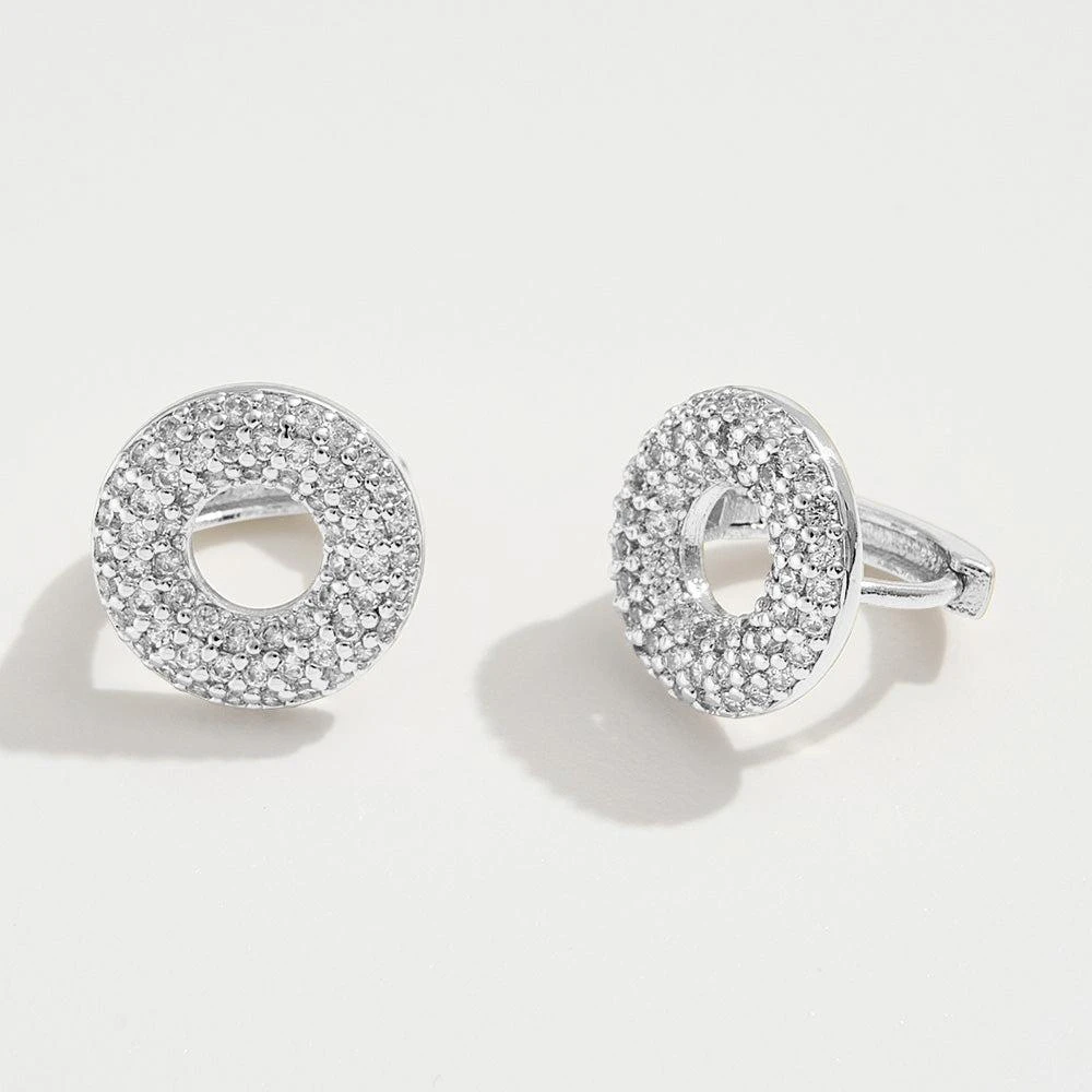 商品FASHNZFAB|14K Gold Dipped CZ Stone Paved Donut Mini Huggie Hoop Earrings - Silver,价格¥219,第1张图片