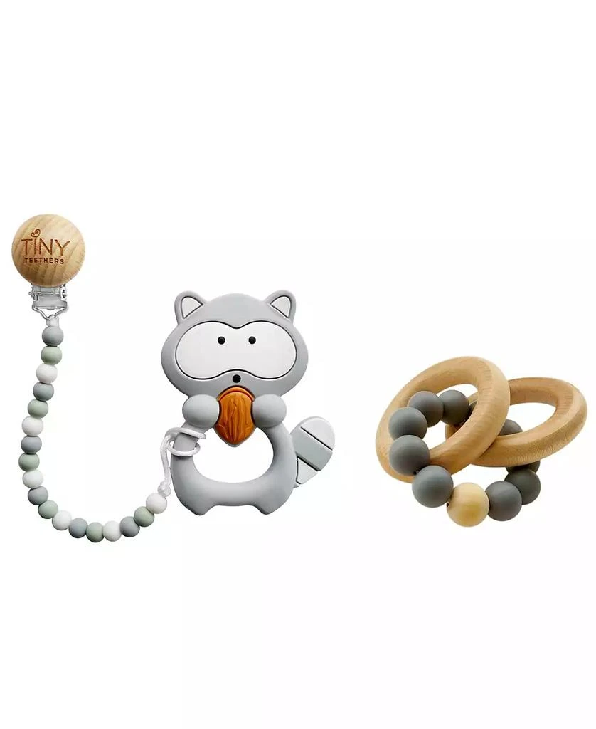 商品Tiny Teethers Designs|3 Stories Trading Tiny Teethers Infant Silicone And Beech Rattle And Teether Gift Set, Raccoon,价格¥266,第1张图片