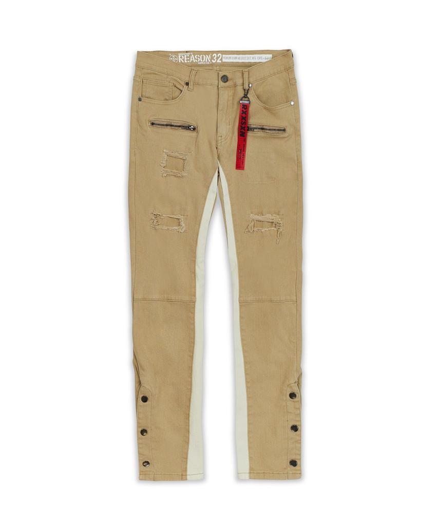 商品Reason Clothing|Snap & Flare Ripped And Repaired Denim Jeans - Khaki,价格¥437,第5张图片详细描述