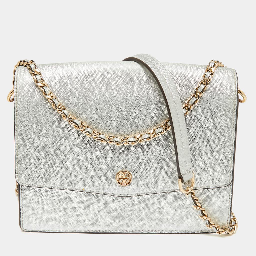 商品[二手商品] Tory Burch|Tory Burch Silver Saffiano Leather Robinson Flap Shoulder Bag,价格¥1419,第1张图片