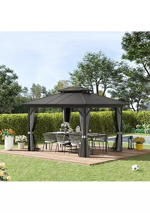 商品Outsunny|12 X 10 2 Tier Aluminum Hardtop Patio Gazebo Canopy With Breathable Mesh Netting And Privacy Sidewalls Black And Grey,价格¥13598,第4张图片详细描述