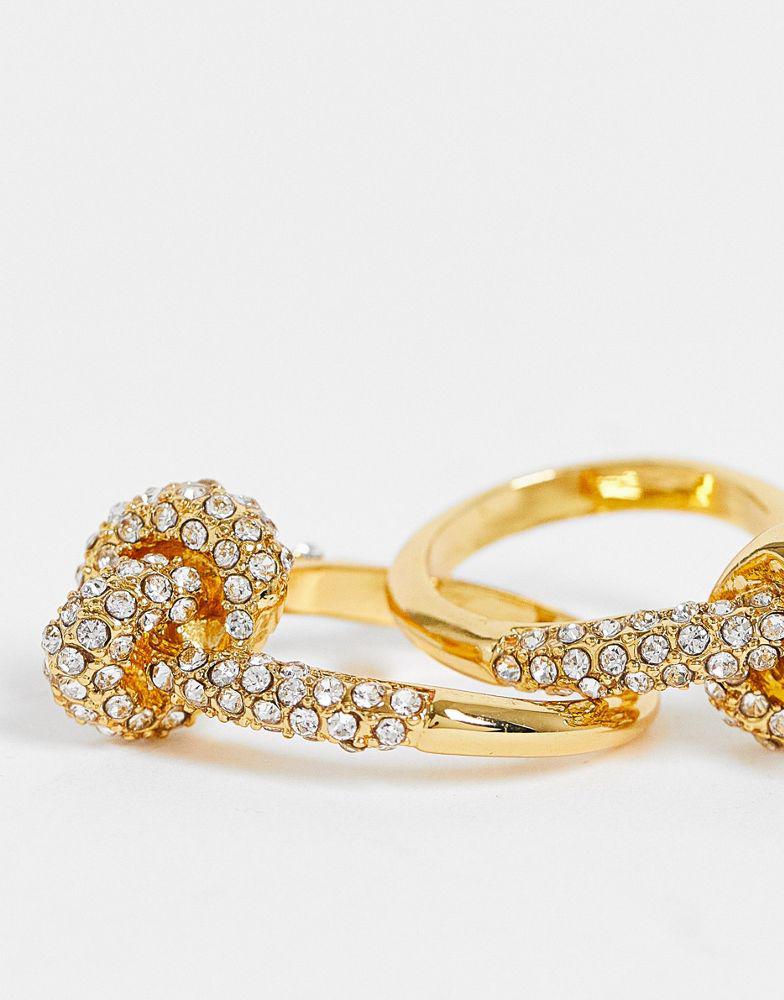 ASOS DESIGN 14k gold plated pack of 2 rings in knot design with crystal商品第3张图片规格展示