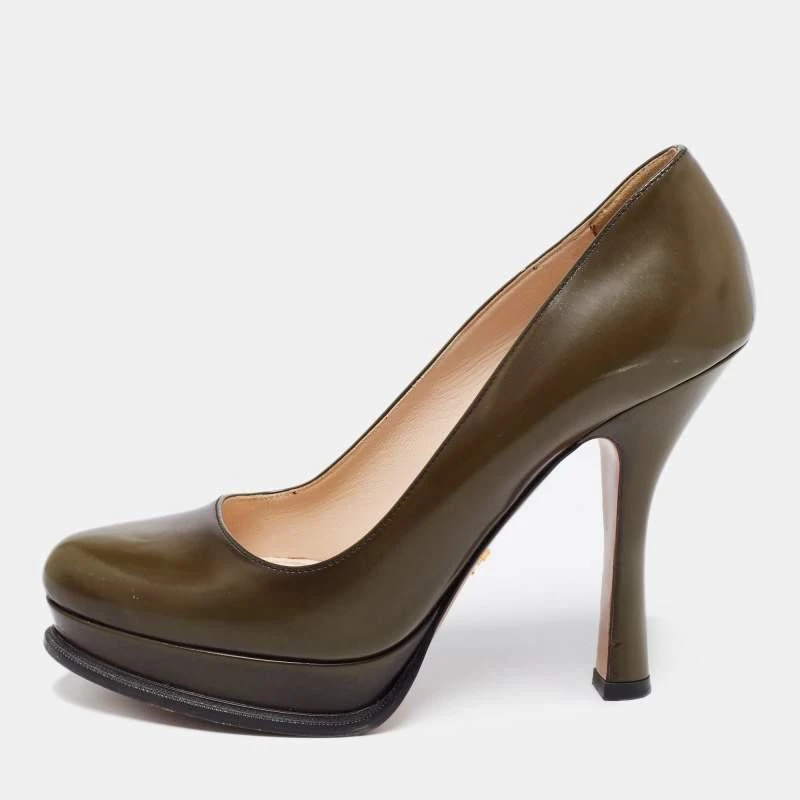 商品[二手商品] Prada|Prada Olive Green Leather Platform Pumps Size 39,价格¥1197,第1张图片