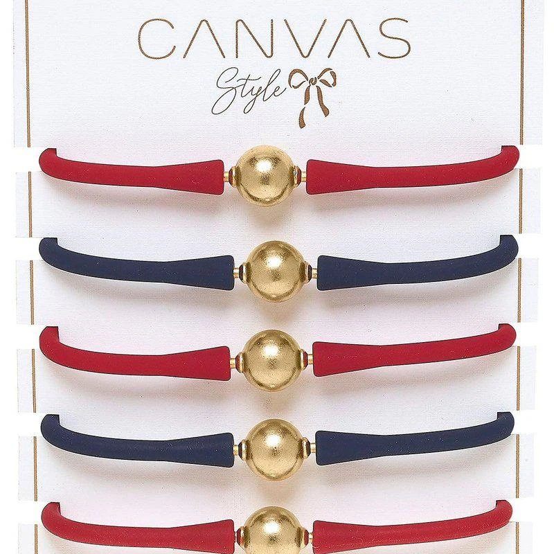 商品Canvas Style|Bali Game Day 24K Gold Bracelet Set Of 5 In Navy And Red,价格¥950,第2张图片详细描述