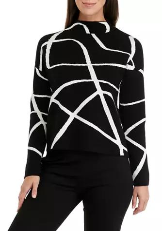 Women's Long Sleeve Funnel Neck Paint Stroke Jacquard Sweater商品第1张图片规格展示