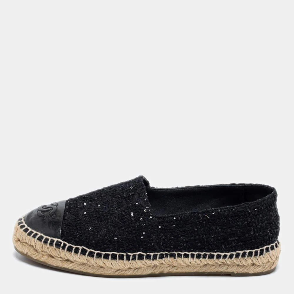 商品[二手商品] Chanel|Chanel Black Tweed And Leather CC Cap Toe Espadrille Flats Size 38,价格¥4462,第1张图片