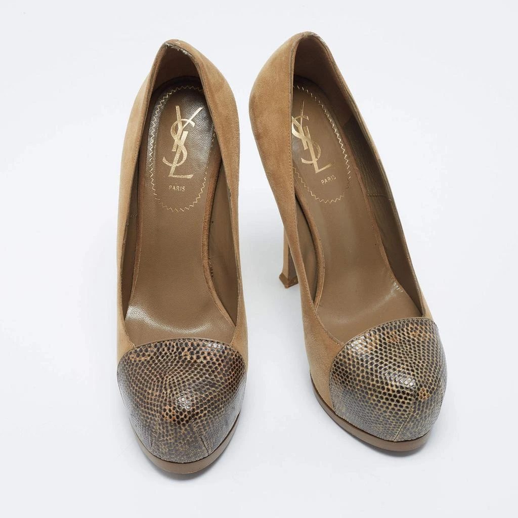 商品[二手商品] Yves Saint Laurent|Saint Laurent Brown/Yellow Suede And Lizard Embossed Tribtoo  Pumps Size 38,价格¥884,第4张图片详细描述