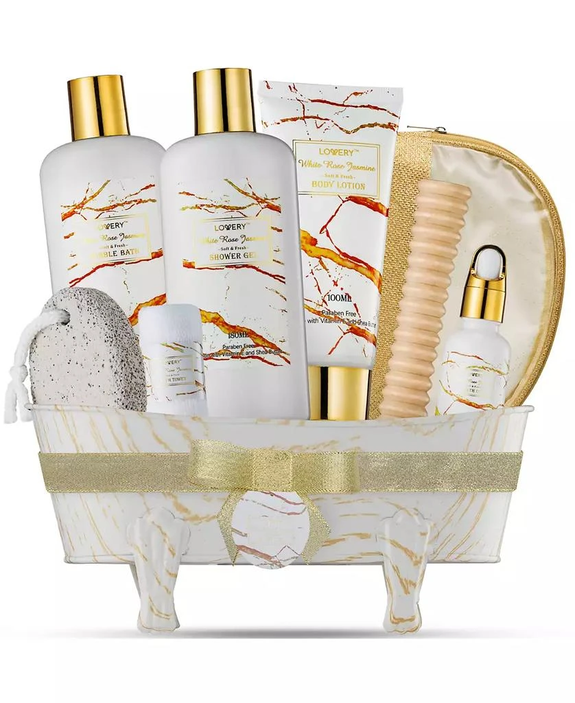 商品Lovery|White Rose Jasmine Body Care Set, Home Spa Basket, Self Care Gifts, 9 Piece,价格¥363,第1张图片