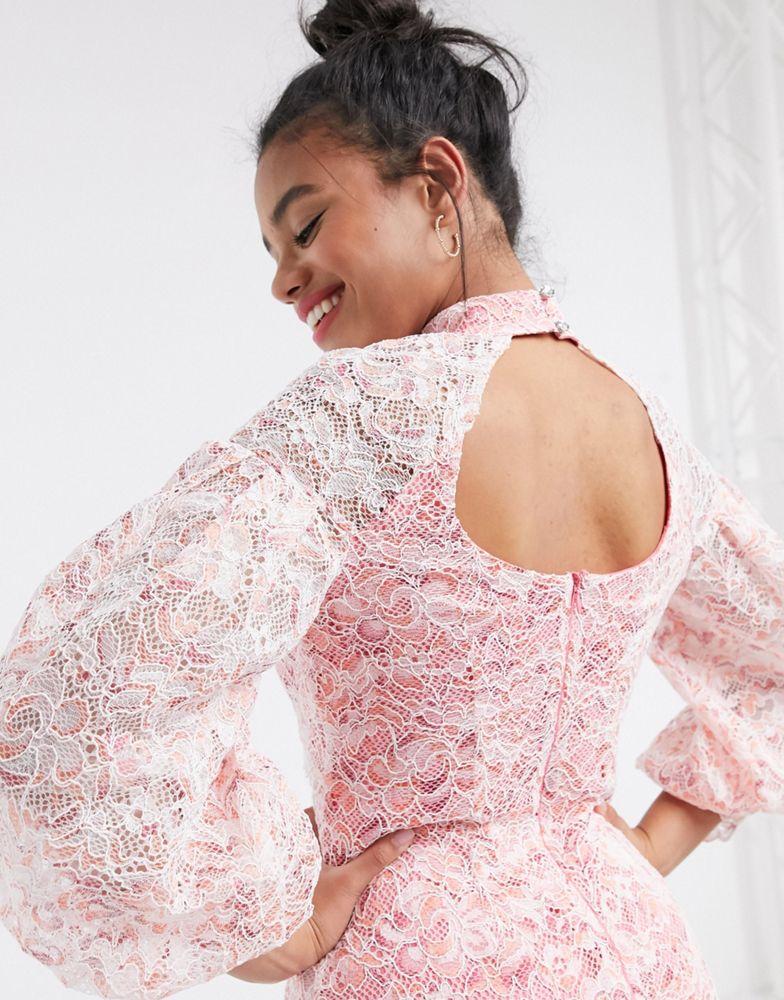 River Island lace volume sleeve mini dress in pink商品第3张图片规格展示
