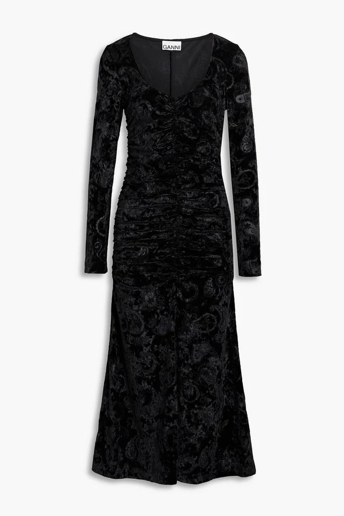 商品Ganni|Ruched velvet-jacquard midi dress,价格¥1125,第1张图片
