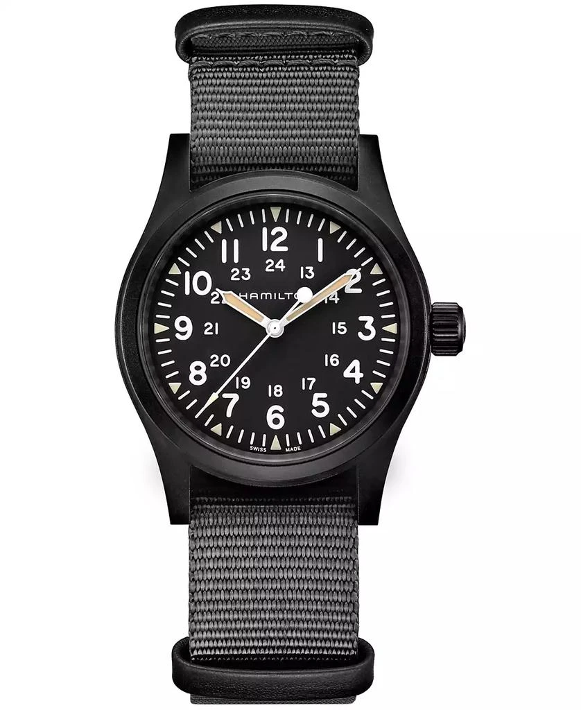 商品Hamilton|Unisex Swiss Mechanical Khaki Field Black Nato Strap Watch 38mm,价格¥4825,第1张图片