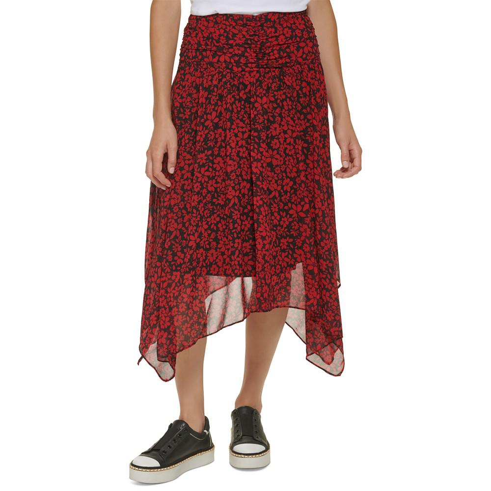 Women's Floral Ruched Handkerchief-Hem Midi Skirt商品第2张图片规格展示