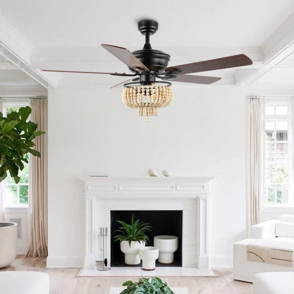商品JONATHAN Y|Opal 52" 3-Light Farmhouse Rustic Wood Bead Shade LED Ceiling Fan With Remote,价格¥3111,第1张图片