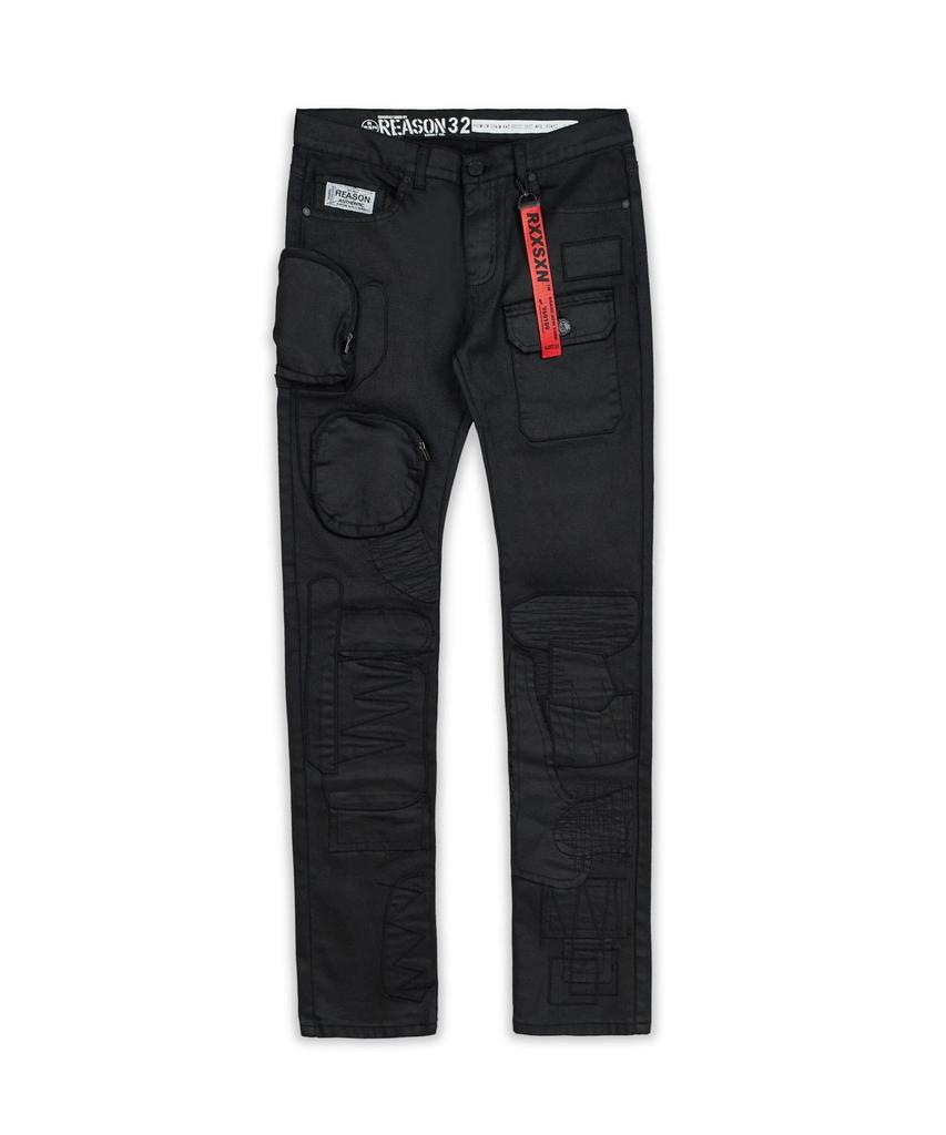 商品Reason Clothing|Sylvester Multi Pocket Utilty Waxed Cotton Embroidered Denim Jeans - Black,价格¥511,第7张图片详细描述