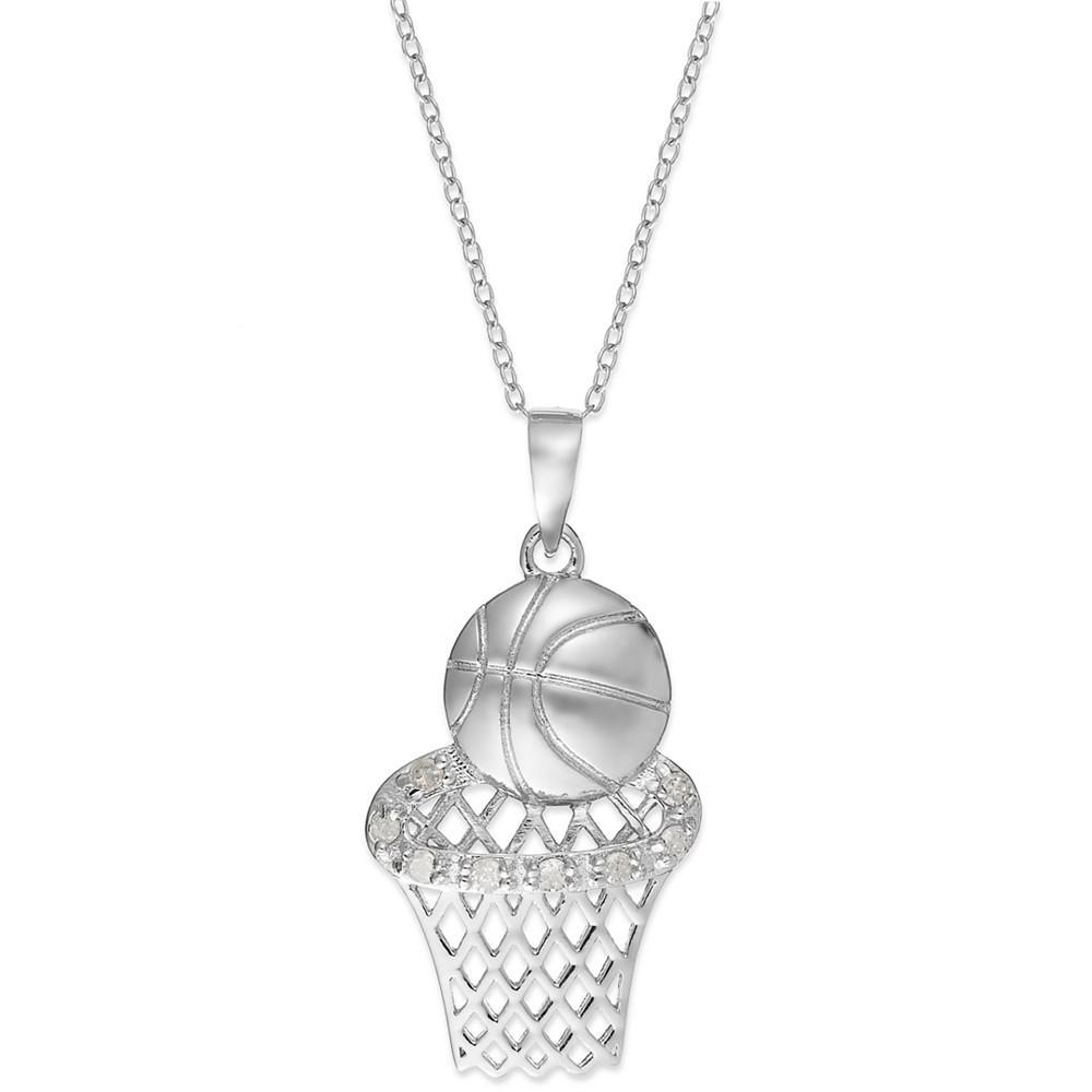商品Macy's|Diamond Basketball and Hoop Pendant Necklace in Sterling Silver (1/10 ct. t.w.),价格¥376,第1张图片