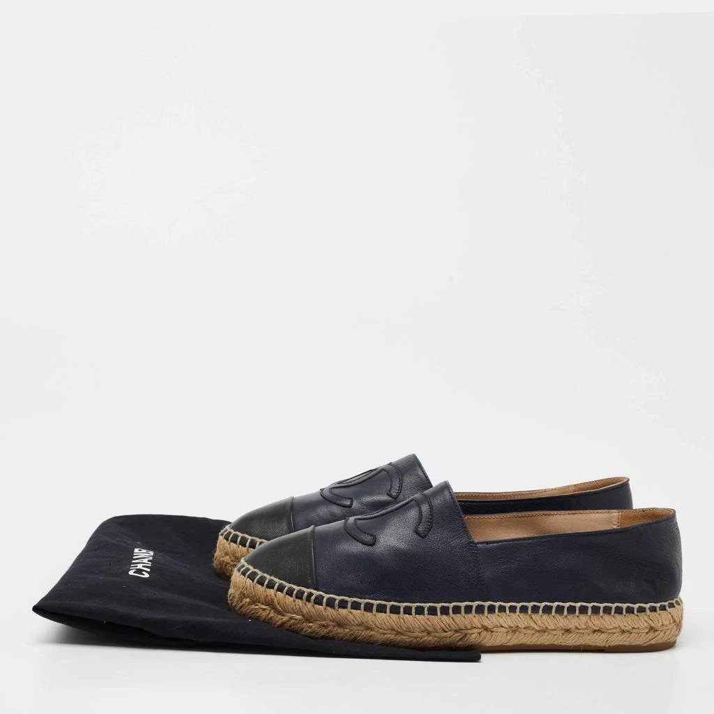 Chanel Navy Blue/Black Leather Cap Toe CC Espadrille Flats Size 38 商品