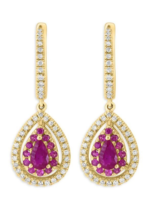 商品Effy|14K Yellow Gold, Diamond & Ruby Pear Drop Huggie Hoop Earrings,价格¥7650,第2张图片详细描述