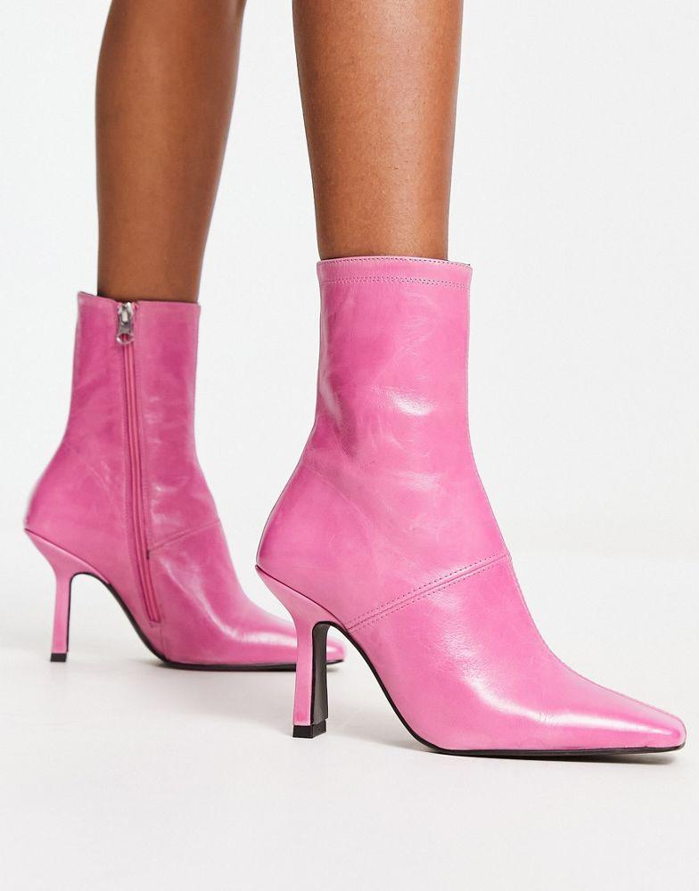 ASOS DESIGN Reign premium leather mid-heeled boots in pink商品第1张图片规格展示