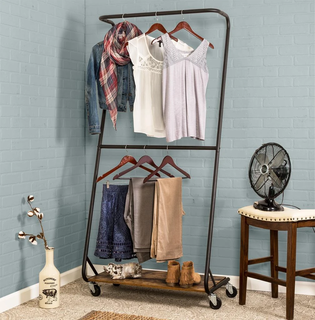 商品Honey Can Do|Honey-can-do Double Rolling Matte Black Metal Clothes Rack With Rustic Wood Shelf,价格¥1003,第3张图片详细描述