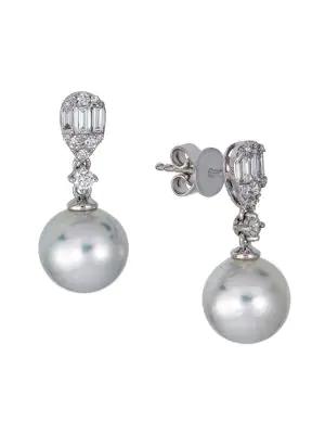 ​18K White Gold, Diamond & 10MM South Sea Pearl Drop Earrings商品第1张图片规格展示
