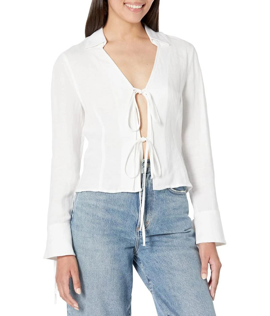 商品Blank NYC|Linen Bell Sleeve Lace-Up Front Shirt in Skim Milk,价格¥291,第1张图片