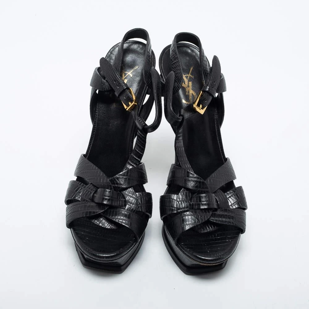商品[二手商品] Yves Saint Laurent|Yves Saint Laurent Black Lizard Embossed Leather Tribute  Ankle Strap Sandals Size 37.5,价格¥2246,第3张图片详细描述