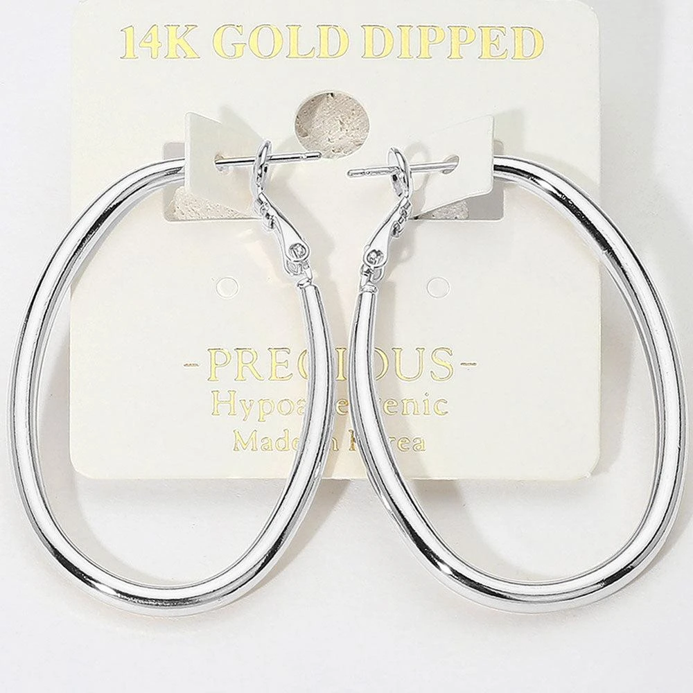 商品FASHNZFAB|14K Gold Dipped Hypoallergenic Oval Hoop Earrings - Rhodium,价格¥201,第1张图片