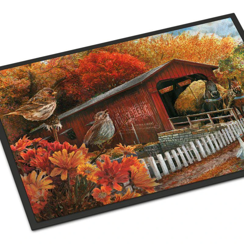 商品Caroline's Treasures|24 in x 36 in Fall Covered Bridge Door Mat Indoor/Outdoor,价格¥307,第1张图片