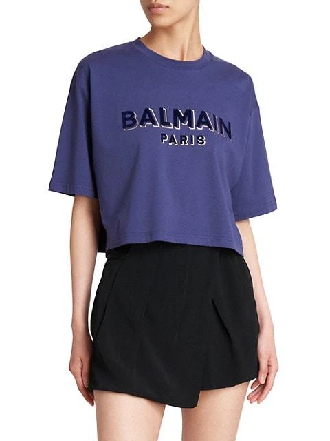 商品Balmain|Flocked Logo Cropped T-Shirt,价格¥3717,第3张图片详细描述