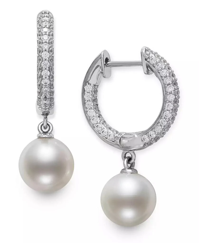 商品Belle de Mer|Cultured Freshwater Pearl (7mm) & Cubic Zirconia Dangle Huggie Hoop Earrings in Sterling Silver, Created for Macy's,价格¥2862,第1张图片