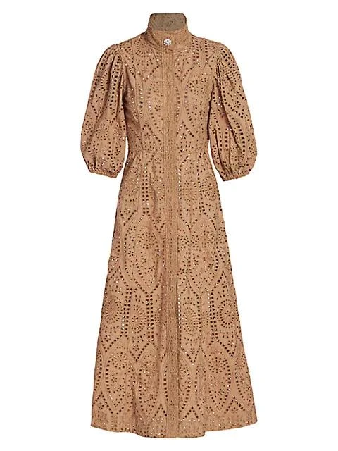 商品Ganni|Broderie Anglasie Jeweled Button Midi Dress,价格¥1073,第1张图片