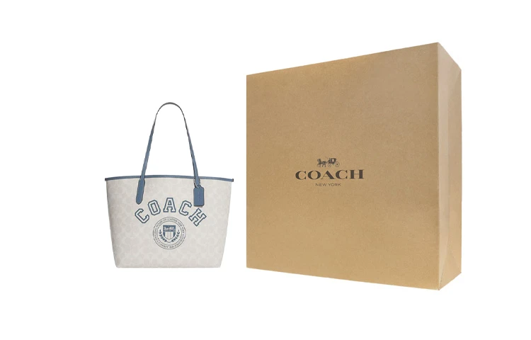商品[国内直发] Coach|蔻驰 City 33 经典老花印花内置拉链 人造革 托特包Tote包购物袋单肩手提包 大号 女款 粉笔白色拼靛蓝色,价格¥1905,第5张图片详细描述
