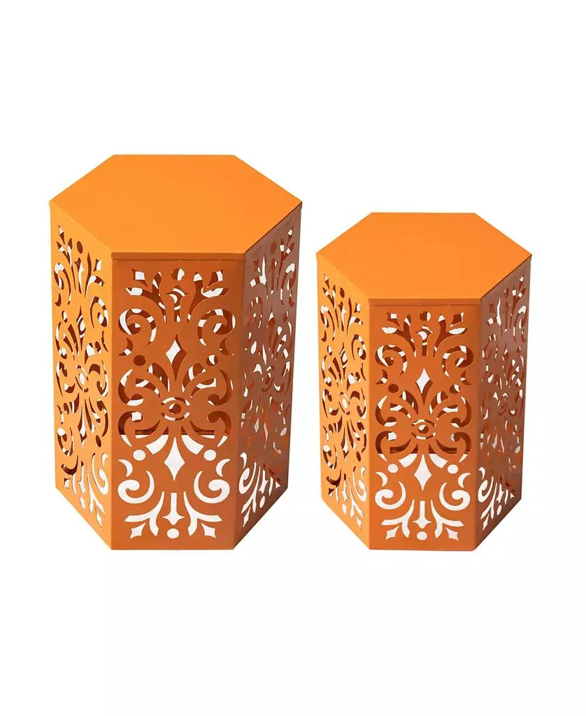 Multi-Functional Set of 2 Orange  Cutout Floral Hexagonal Garden Stools or Planter Stand 商品