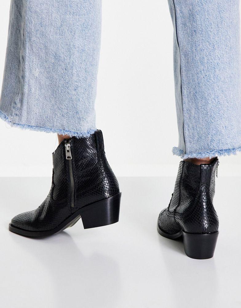 商品ALL SAINTS|All Saints carlotta snake leather heeled side zip ankle boots in black,价格¥1171,第4张图片详细描述