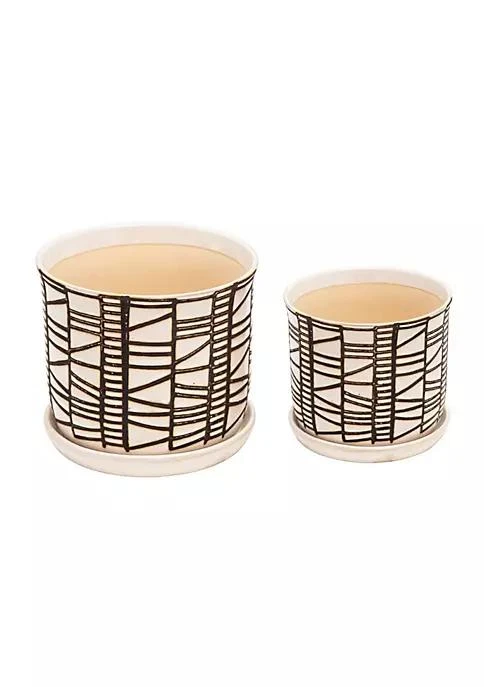 商品Duna Range|Range Planter With Saucer And Abstract Design Set Of 2 White And Brown,价格¥460,第1张图片